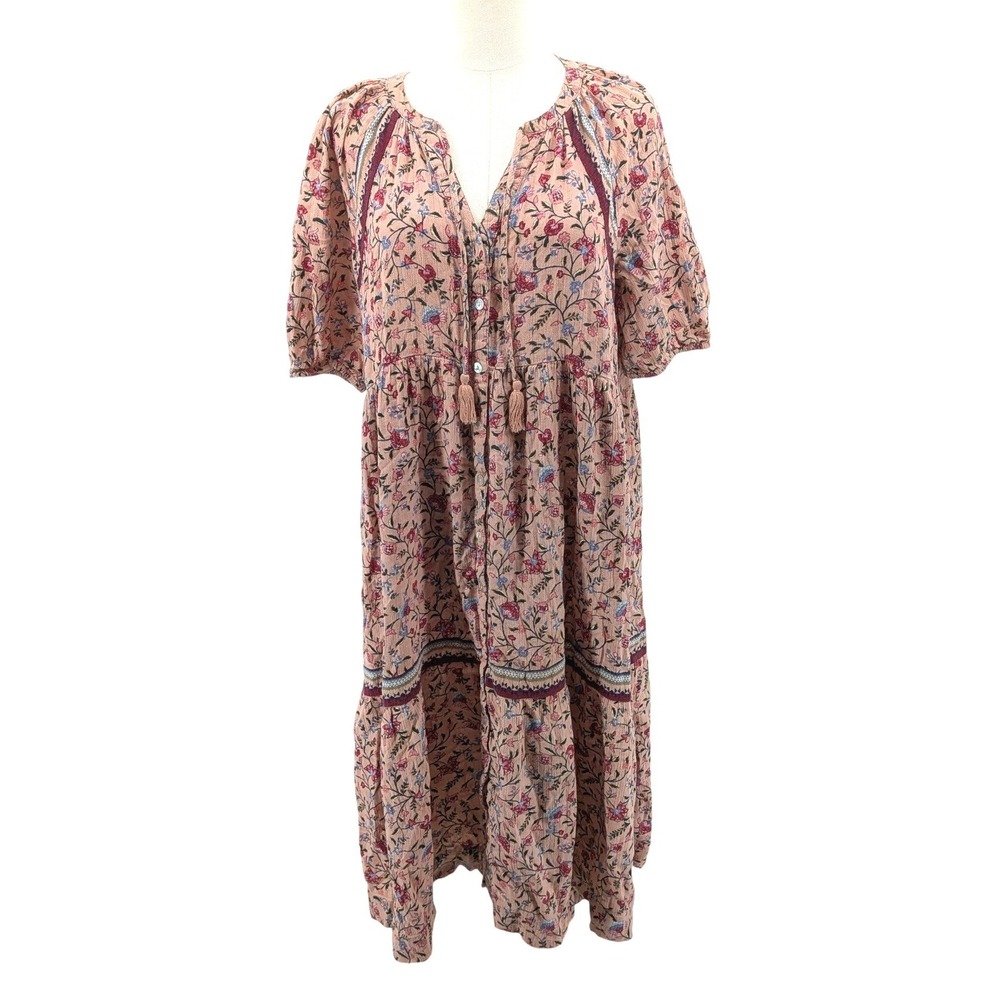 Floral Midi Dress Cotton Boho‎ Peasant Tassel Pink Size M Summer Layering